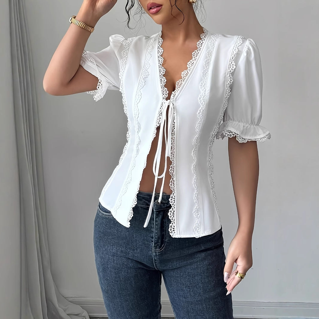 Lina Top – Lace-Up Textured Blouse