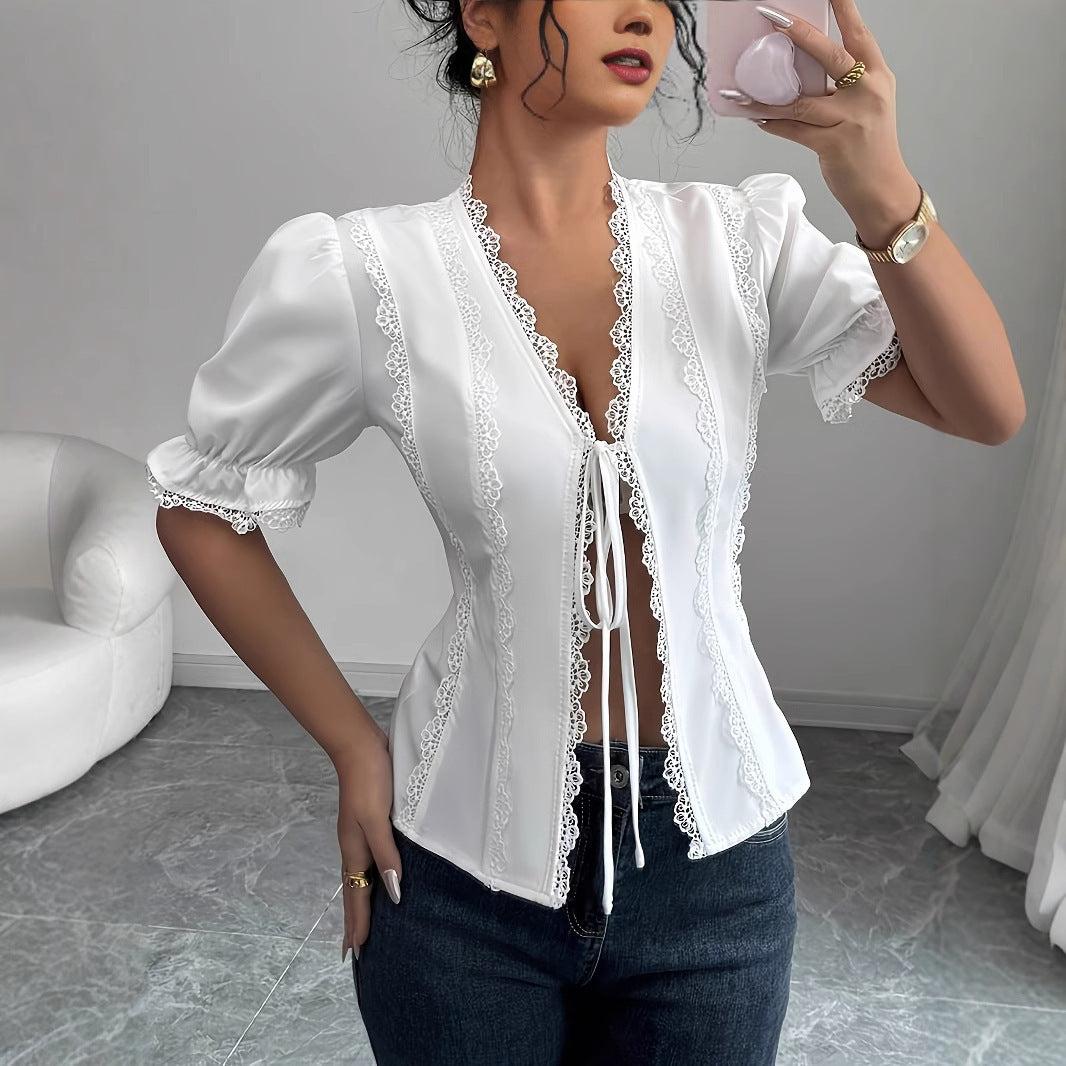 Lina Top – Lace-Up Textured Blouse