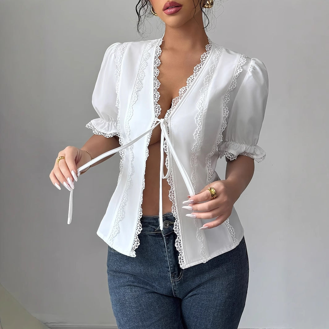 Lina Top – Lace-Up Textured Blouse